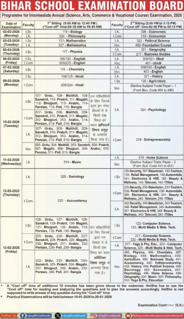 Bihar Board 12th Exam Schedule 2026