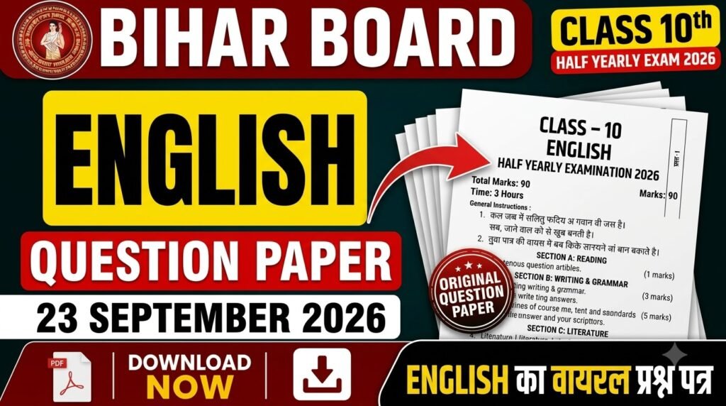 23 September Bihar Board Class 10th English Question Paper Half Yearly exam 2026