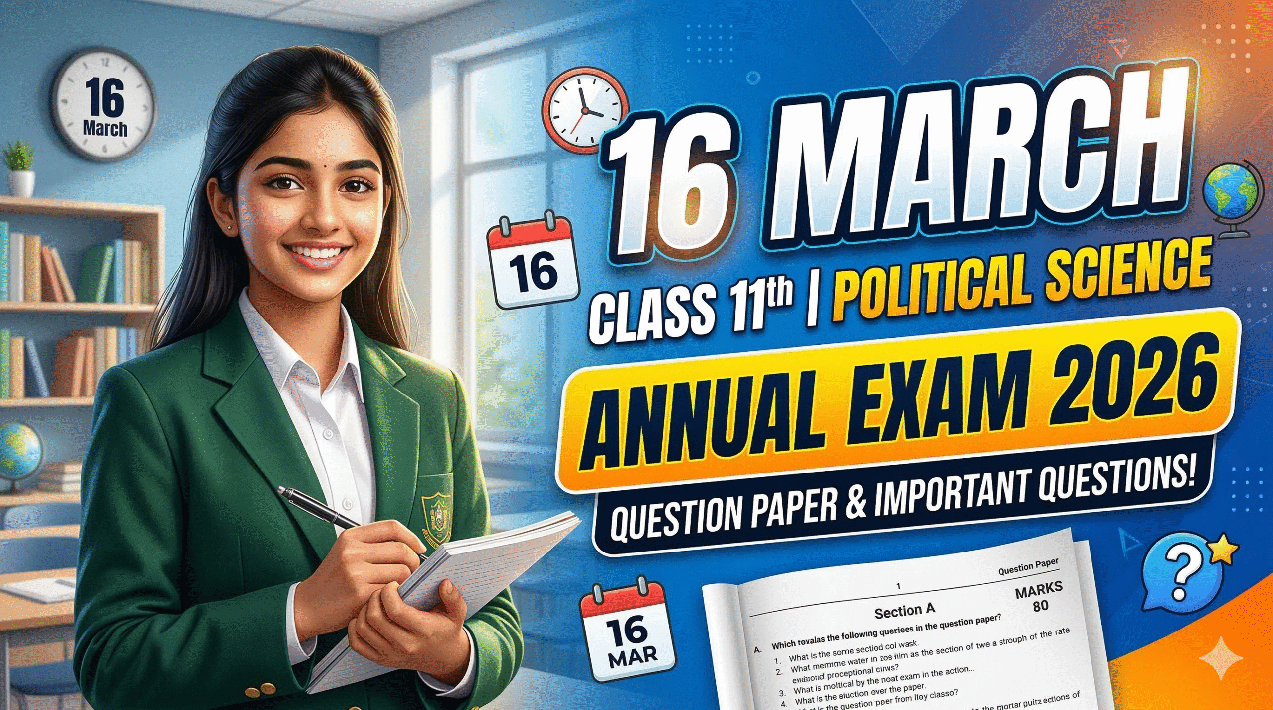 16 March Class 11th Political Science Annual Exam Question Paper 2026