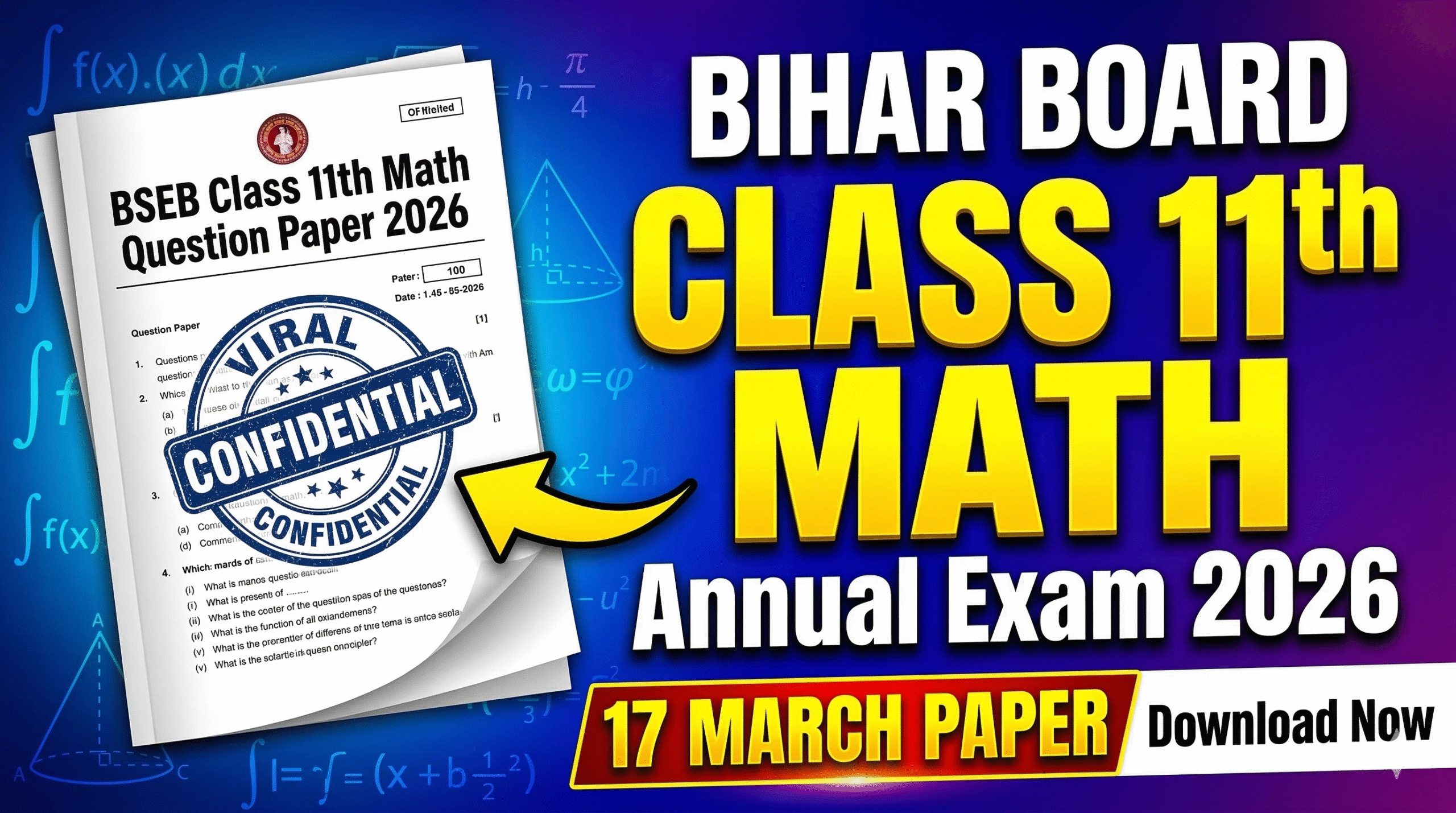 Bihar Board 17 March Class 11th Math Annual Exam Question Paper 2026